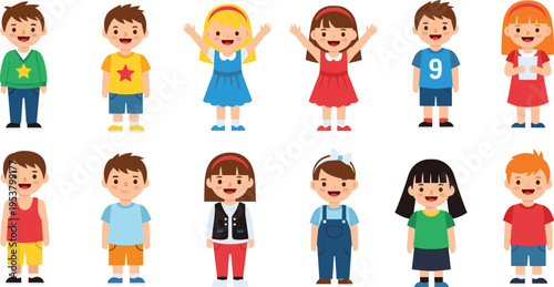 Cute kids characters collection diverse children cartoon boys and girls vector illustration set