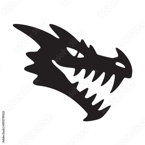 A black dragon head illustration shows an aggressive creature with sharp teeth and spiky fins in profile view on a white background.