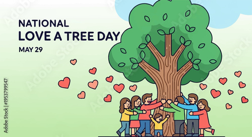 Diverse group of people hugging tree with hearts on national love a tree day may 29