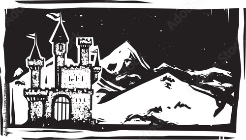 Woodcut style image of a mountain fairy castle