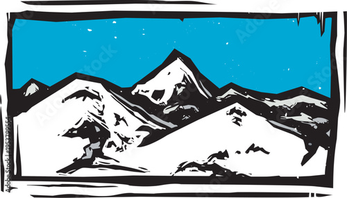Woodcut style image of a mountain landscape with snow