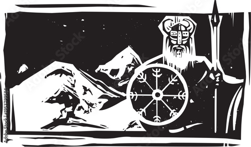 Woodcut style image of  Viking and Mountain