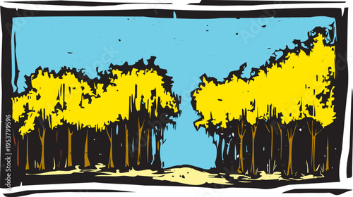 Woodcut style image of autumn woods