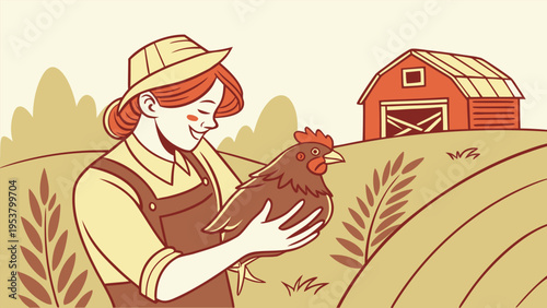 Female farmer holding a brown hen in a rural field with a red barn in the background, flat vector illustration for agricultural branding.