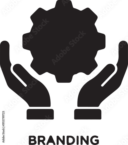 Branding and identity management icon, illustrating hands holding a gear for corporate development.
