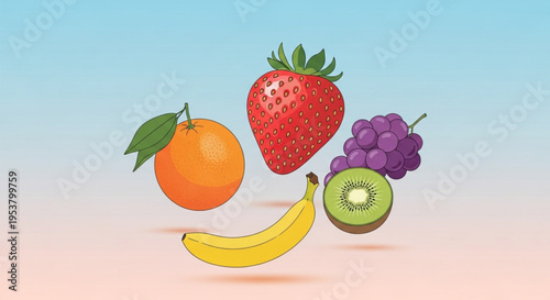 Vibrant illustration of a fresh fruit assortment, featuring orange, strawberry, banana, kiwi, and grapes, ideal for themes of healthy eating, natural nutrition, and a balanced diet