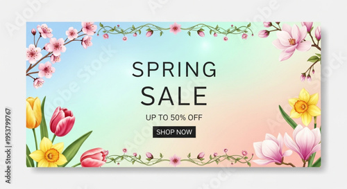 Vibrant Spring Sale Banner Ad with Beautiful Watercolor Floral Borders and Exclusive Seasonal Discount Offer for Limited Time Shopping