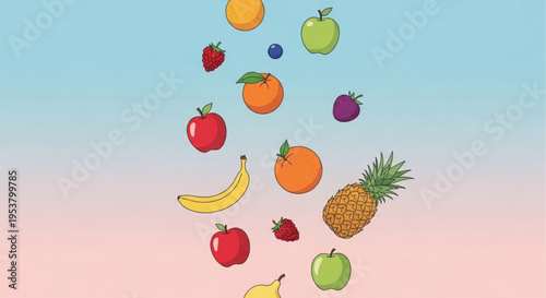 A colorful collection of fruits falling, showcasing a vibrant and healthy assortment of nature's bounty