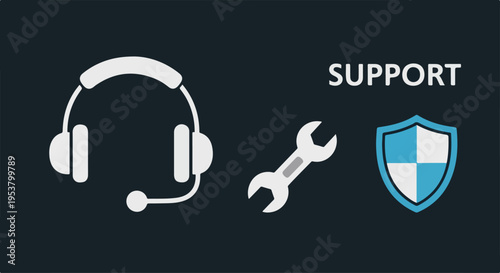 Flat 2D illustration of a support concept with a headset, wrench, and shield on a black background, conveying a strong customer relationship