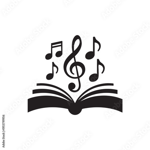 An open book emits musical notes and a treble clef in a creative scene.