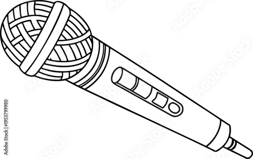 Microphone outline illustration for coloring books or educational worksheets showcasing a handheld vocal mic used in music performances, podcasts, and public speaking events.