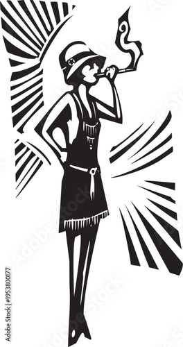 Woodcut style image 1920s woman flapper with a cigarette