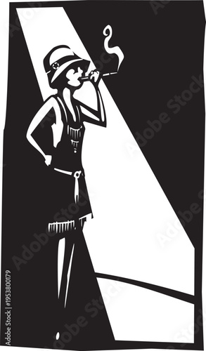 Woodcut style image 1920s woman flapper with a cigarette