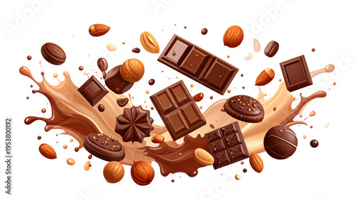 Delicious chocolate bars with assorted nuts and cookies splashing in melted chocolate for dessert and confectionery design.