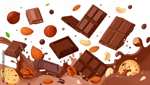Delicious chocolate bars with assorted nuts and cookies splashing in melted chocolate for dessert and confectionery design.