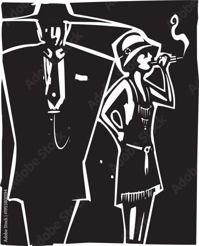 Woodcut style image of man in a zoot suit and woman flapper