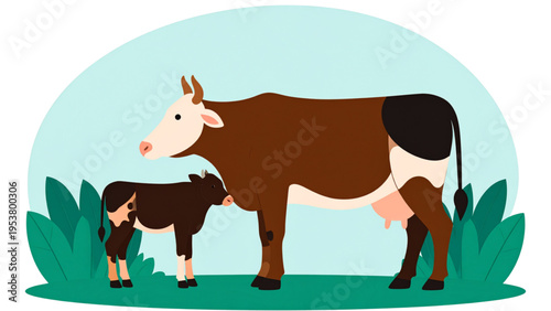 Brown and white cow with nursing calf on grass, pastoral vector illustration symbolizing maternal care, farming, and livestock education