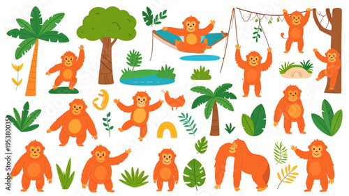 Playful orange monkeys in tropical jungle with hammock, rainbow, and palm trees, cheerful vector illustration for children and education