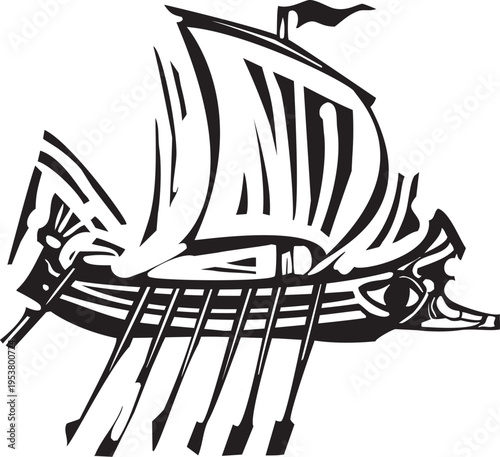 Woodcut style image of a Greek Galley 