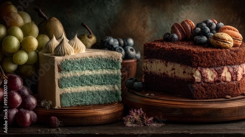 Delicious Cakes and Fresh Grapes on a Rustic Table.