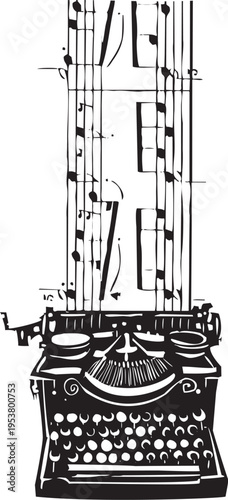 Woodcut style typewriter with music coming from it. 