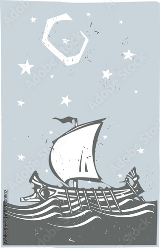 Woodcut style image of a Greek Galley Night