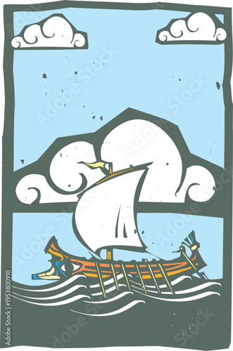 Woodcut style image of a Greek Galley Night at sea under the clouds
