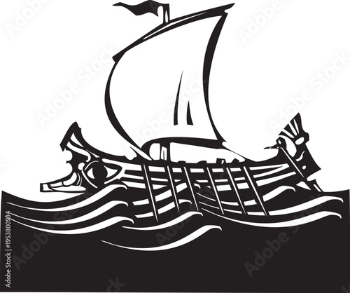 Woodcut style image of a Greek Galley at sea