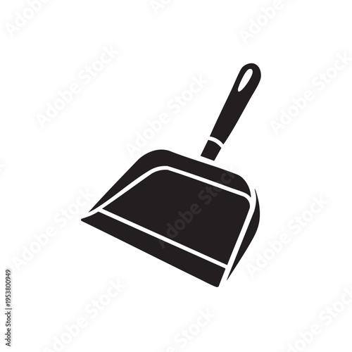 A simple illustration of a dustpan with a handle, used for cleaning, made of metal, with a white outline on a plain background.