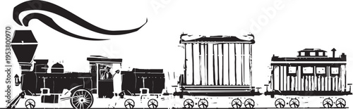 Woodcut style image of a circus Locomotive's train