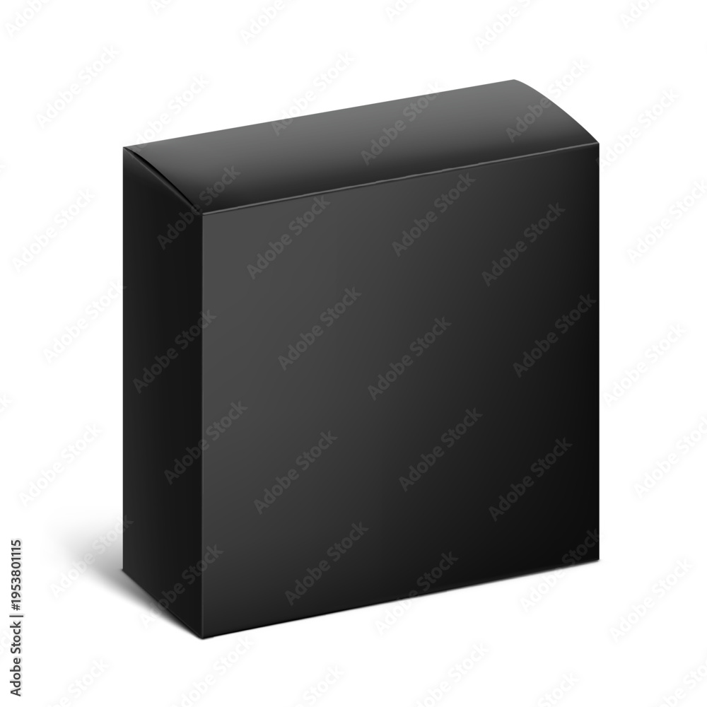 Naklejka premium Realistic black closed paperboard box mockup. Vector illustration isolated on white background. Taking your 2D designs into 3D. Can be use for medicine, food, cosmetic and other. EPS10. 