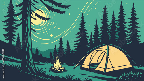 Stylized vector illustration of a cozy campsite at night featuring a glowing tent and campfire nestled in a dense pine forest wilderness under stars.