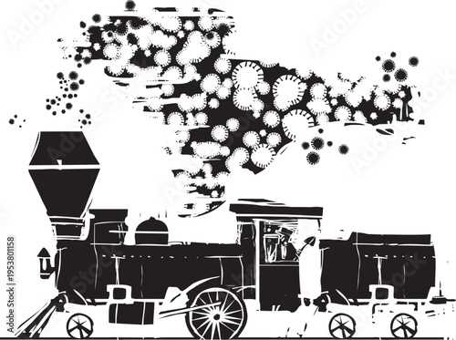 Woodcut style image of a cloud of covid plague coming from a Locomotive's smokestack