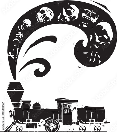 Woodcut style image of a cloud of death coming from a Locomotive's smokestack