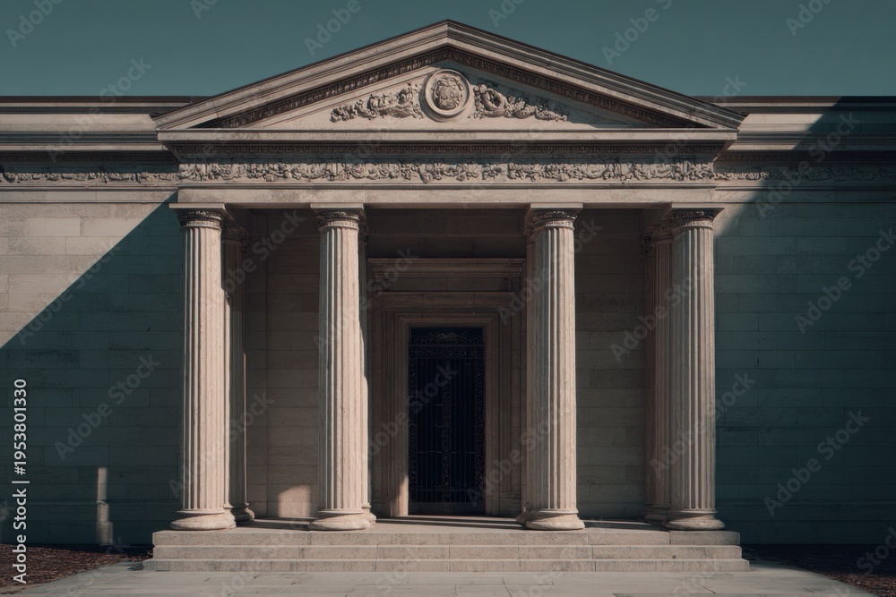 Fototapeta premium Grand stone facade with classic pillars, ornate details, and deep shadows