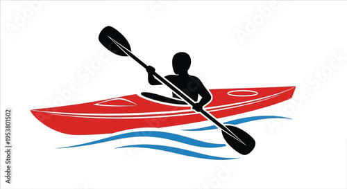 Person Paddling Red Kayak Silhouette.