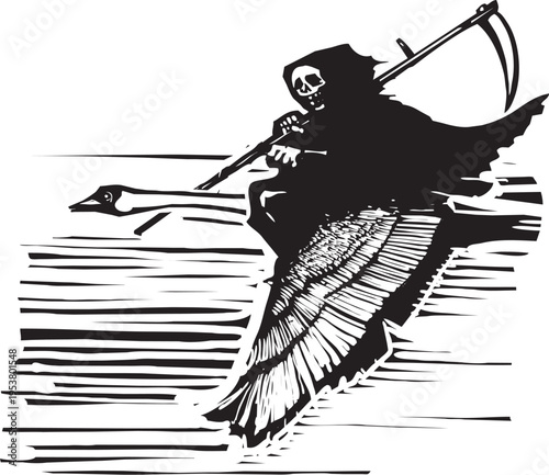 Woodcut style Swan with  death riding on its back