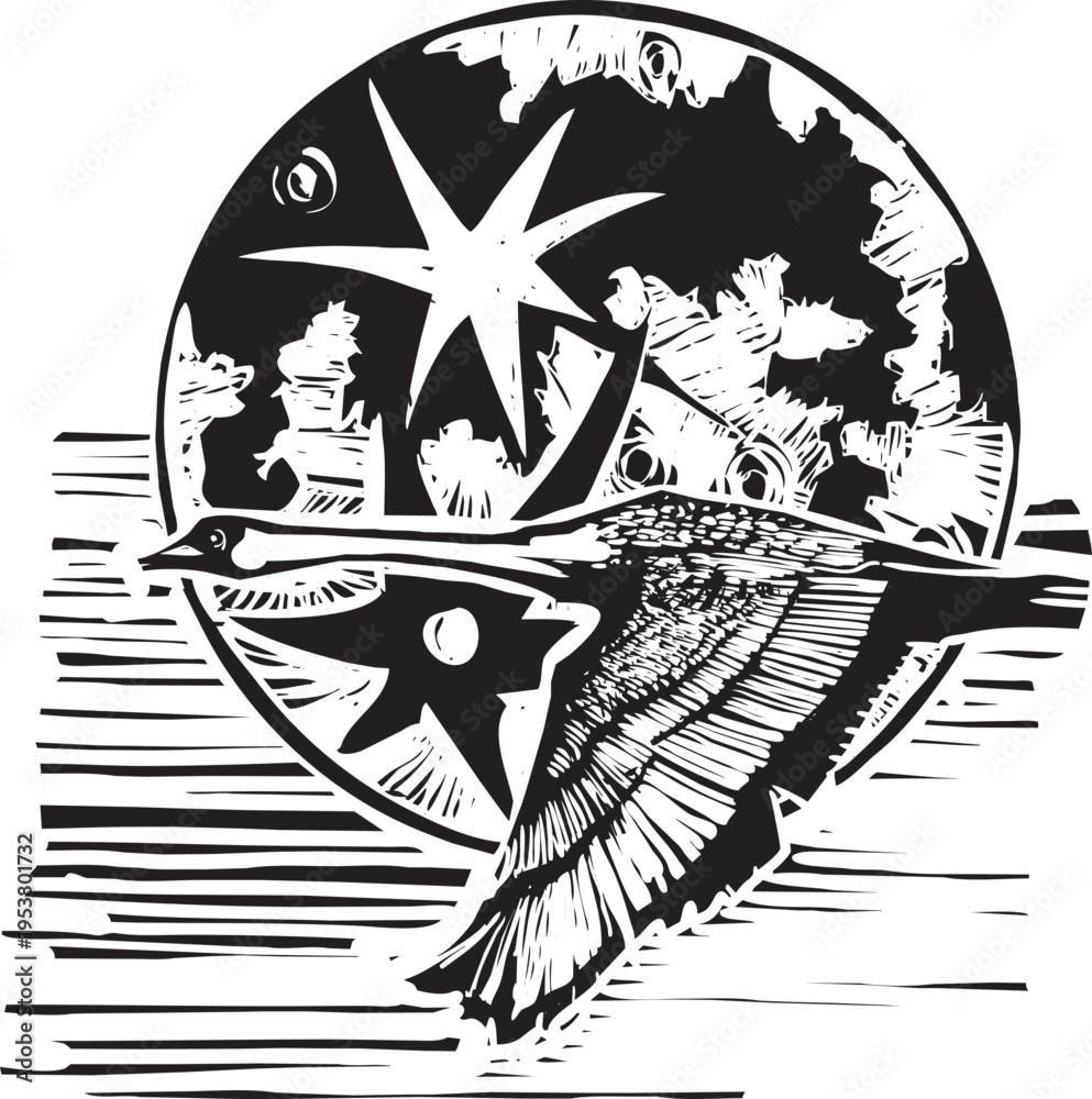 Obraz premium Woodcut expressionist of the moon behind a flying Swan