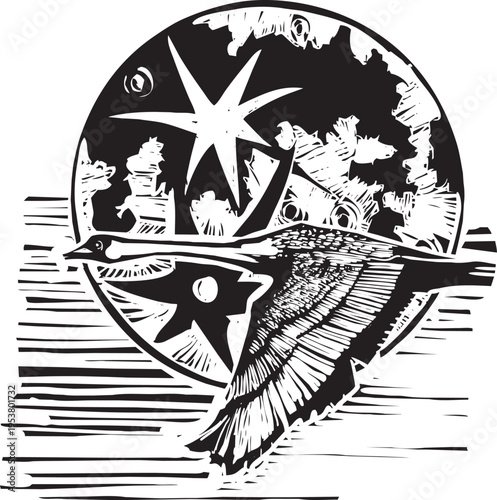 Woodcut expressionist of the moon behind a flying  Swan