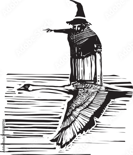 Woodcut style Swan carrying a witch on her back