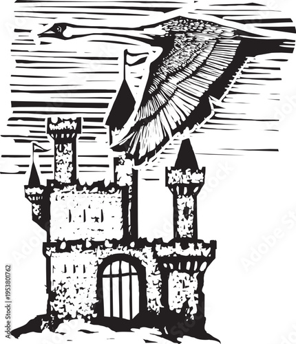 Woodcut expressionist style Swan flying over a castle