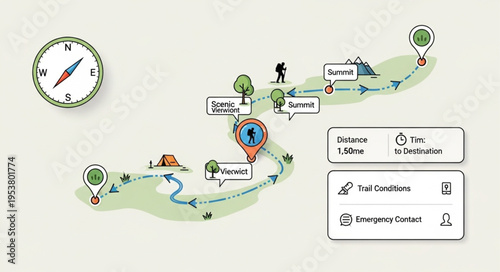 Illustrated Hiking Route Map with Compass and Information Panels.