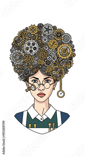 Steampunk woman with gear hairdo portrait.