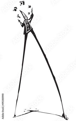 Woodcut style image of a circus clown on stilts