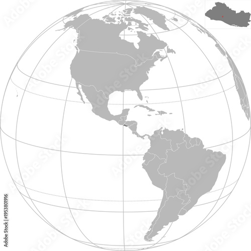 World vector map with country boundaries and graticules (El Salvador centered view, orthographic projection, PPT-compatible & fully editable)