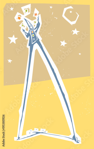 Woodcut style image of a circus clown on stilts