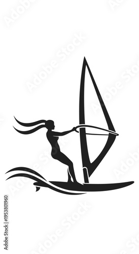 Woman surfing on a windsurf board.