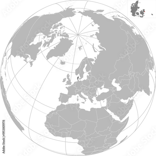 World vector map with country boundaries and graticules (Denmark-centered view, orthographic projection, PPT-compatible & fully editable)