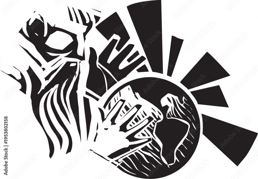 Fototapeta premium Woodcut style expressionist image of God creating the earth