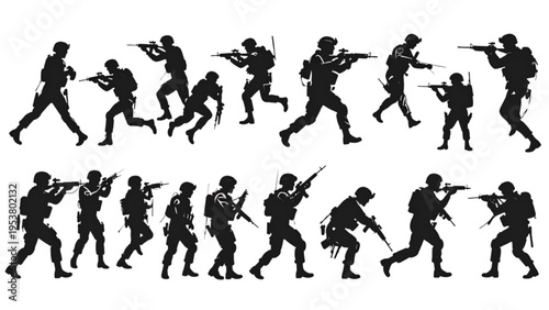 Black soldier silhouettes in tactical combat poses with rifles and gear, military vector illustration representing battlefield readiness and defense